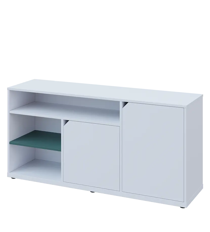 KU2-15DN3 P skříňka nízká 2-dveřová, nika, 740x1522x400, provedení pravé, korpus a dvířka bílá sněžná/police světle petrolejová